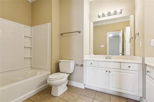 full bathroom featuring toilet, shower / tub combination, vanity, and tile patterned floors