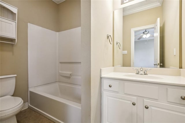 full bathroom with toilet,  shower combination, tile patterned flooring, ornamental molding, and ceiling fan