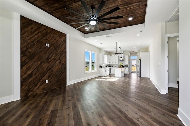 unfurnished living room with ceiling fan with notable chandelier, dark hardwood / wood-style flooring, a tray ceiling, and wood ceiling