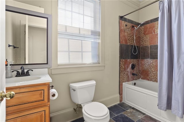 full bathroom featuring toilet, shower / bath combo, and vanity