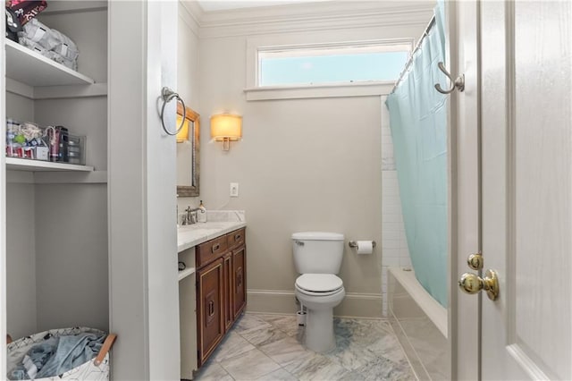 full bathroom featuring vanity, shower / bathtub combination with curtain, and toilet