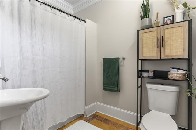 bathroom featuring toilet, sink, and ornamental molding