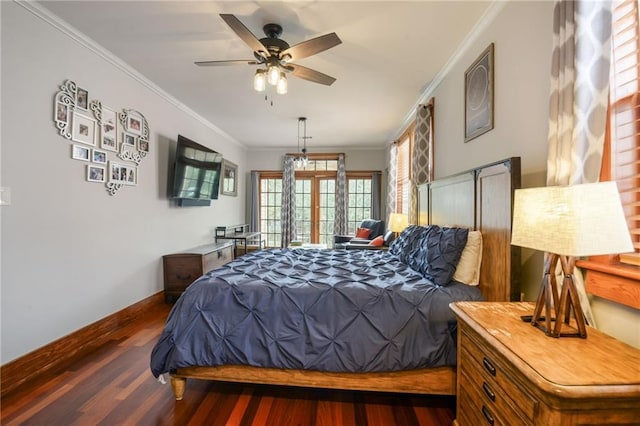 bedroom with dark hardwood / wood-style flooring, french doors, ceiling fan, and crown molding