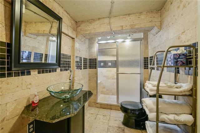 bathroom featuring vanity, toilet, and an enclosed shower