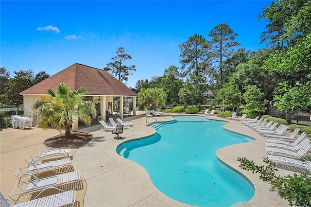 view of swimming pool with a patio