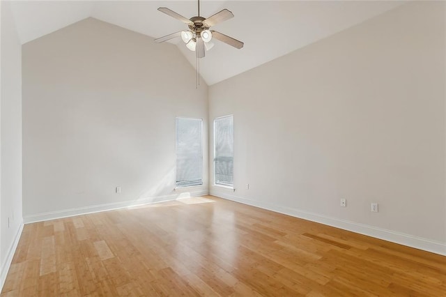 unfurnished room featuring light wood-type flooring, vaulted ceiling, and ceiling fan