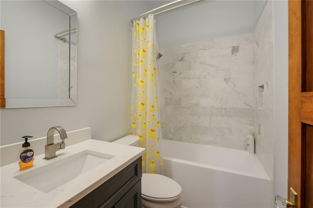 full bathroom with toilet, vanity, and shower / bath combo with shower curtain