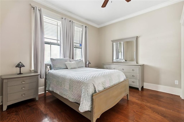 bedroom featuring dark wood-type flooring, ceiling fan, and crown molding