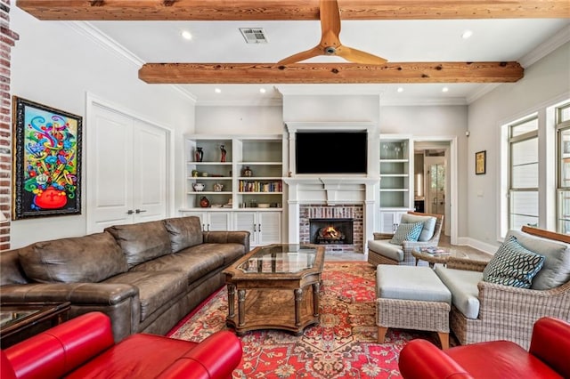 living room featuring a fireplace, ceiling fan, ornamental molding, and beam ceiling