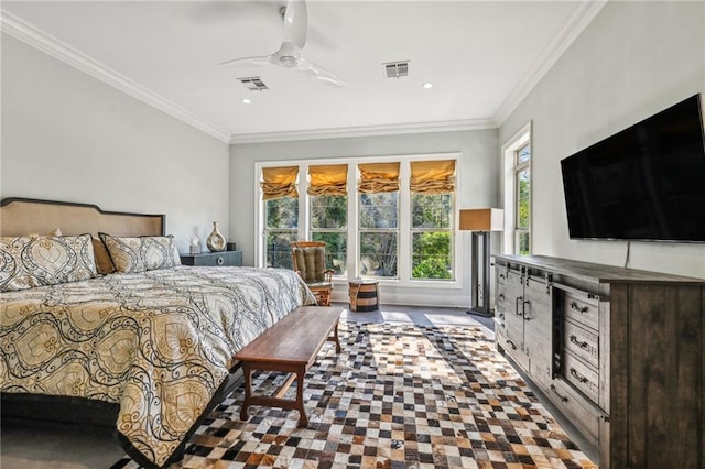 bedroom featuring ceiling fan and crown molding