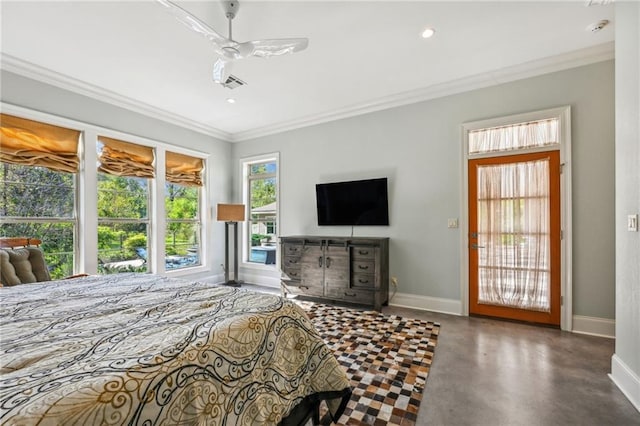 bedroom with ornamental molding and ceiling fan