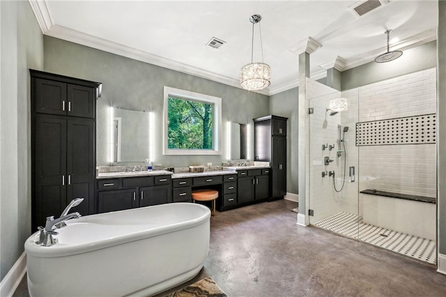 bathroom featuring concrete floors, ornamental molding, vanity, a notable chandelier, and plus walk in shower