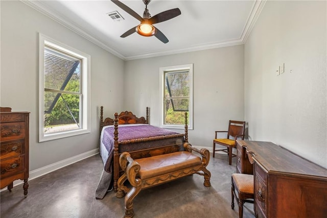 bedroom with ornamental molding and ceiling fan