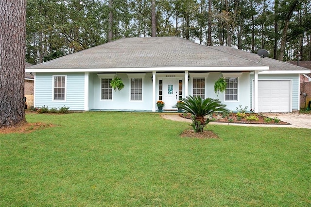 ranch-style house with a garage and a front yard