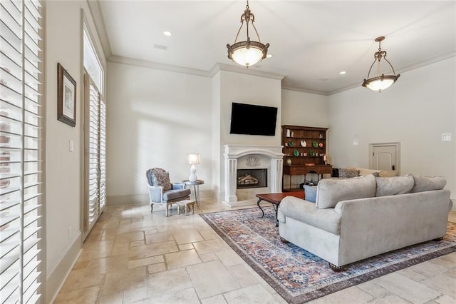 living room with ornamental molding