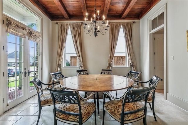 dining room with beam ceiling, french doors, wooden ceiling, and a notable chandelier