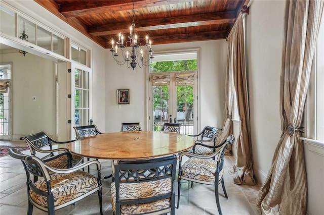 dining space with beamed ceiling, an inviting chandelier, wooden ceiling, and french doors