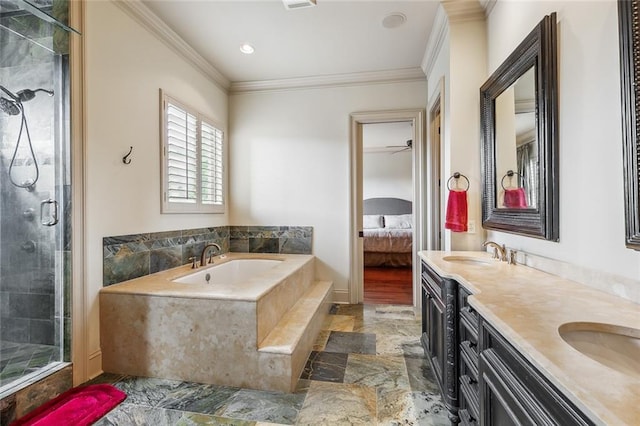 bathroom featuring vanity, separate shower and tub, and crown molding