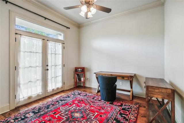 office space featuring ceiling fan, ornamental molding, dark wood-type flooring, and french doors