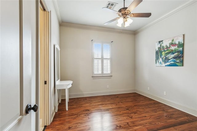 unfurnished bedroom with ceiling fan, dark hardwood / wood-style flooring, and ornamental molding