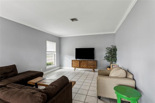 living room featuring light tile patterned floors and ornamental molding