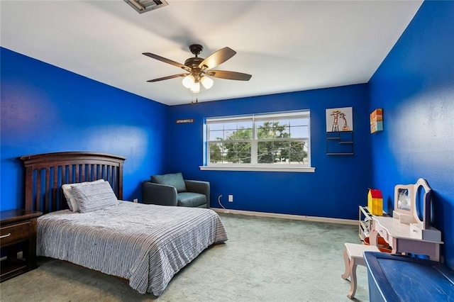 bedroom featuring ceiling fan and carpet flooring