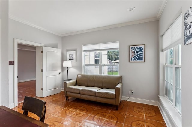 tiled living room featuring crown molding