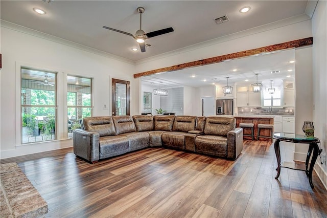 living room featuring a wealth of natural light, hardwood / wood-style floors, crown molding, and ceiling fan with notable chandelier