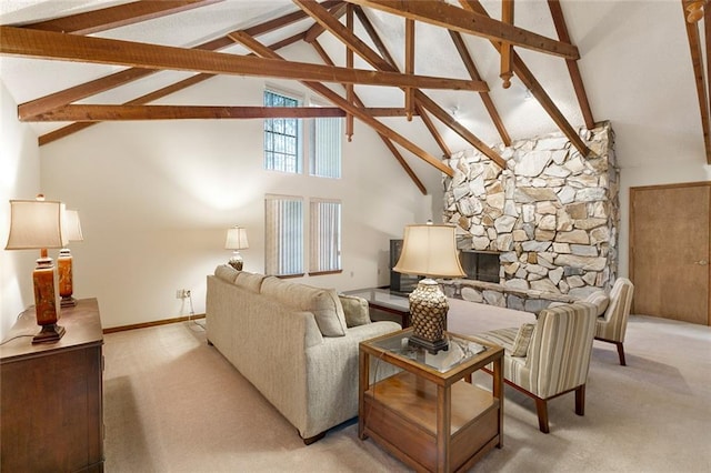 carpeted living room featuring beam ceiling, high vaulted ceiling, and a stone fireplace