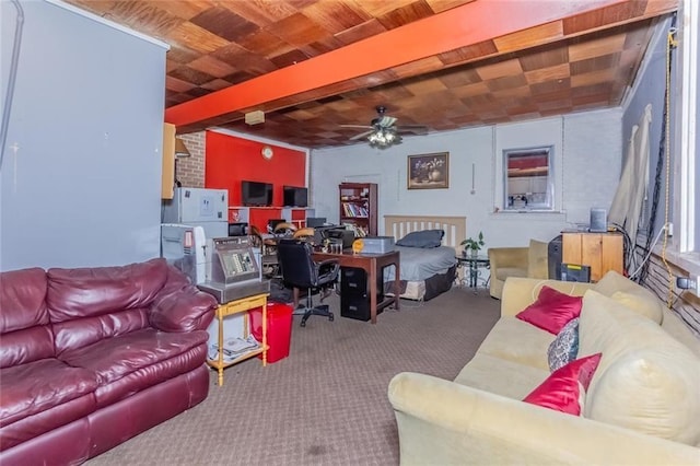 carpeted living room with beam ceiling, ceiling fan, and wooden ceiling