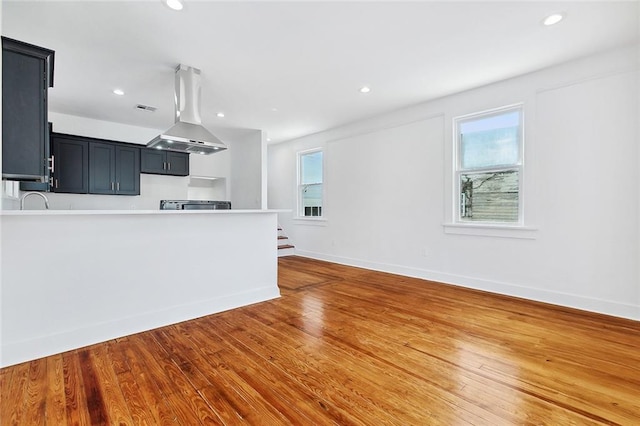 kitchen with island exhaust hood, a wealth of natural light, and wood-type flooring