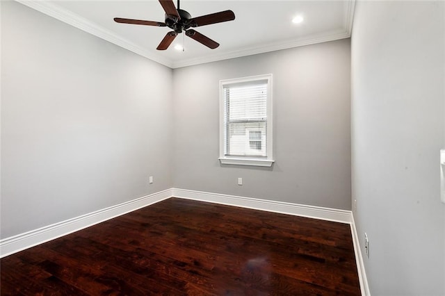 unfurnished room with ornamental molding, hardwood / wood-style floors, and ceiling fan