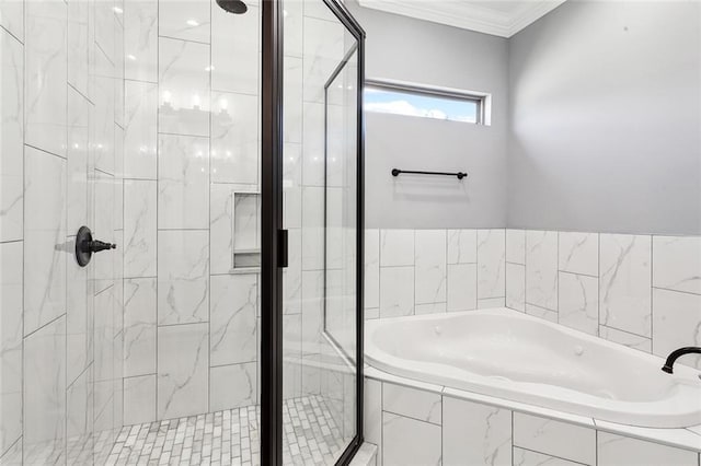 bathroom featuring plus walk in shower and crown molding