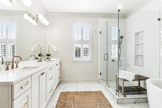 bathroom with ornamental molding, shower with separate bathtub, and vanity