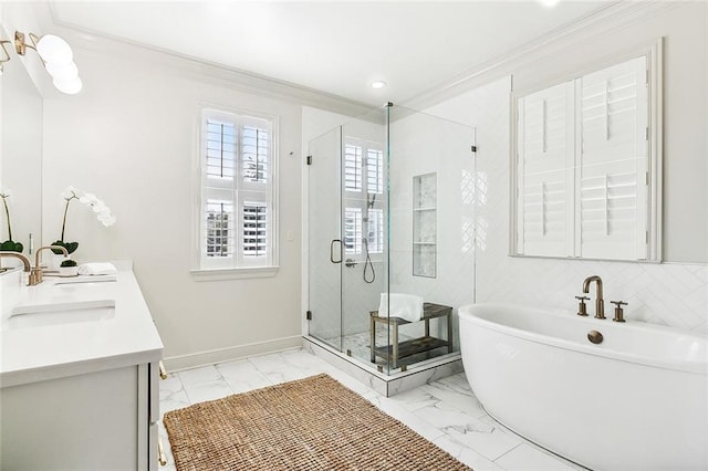 bathroom featuring vanity, plus walk in shower, and ornamental molding