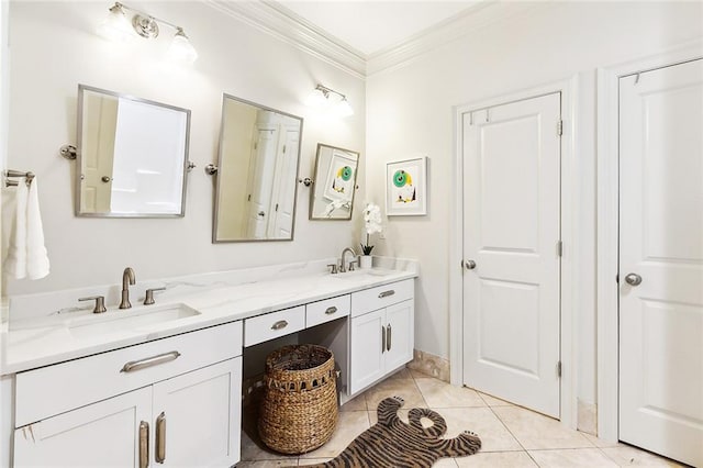 bathroom with vanity, tile patterned flooring, and ornamental molding