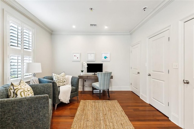 home office featuring crown molding and dark hardwood / wood-style flooring