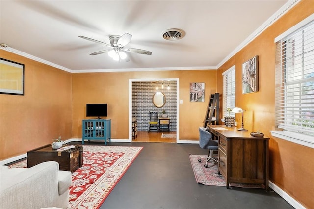 office with ceiling fan and ornamental molding