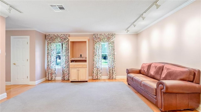 living room with a wealth of natural light, track lighting, and crown molding