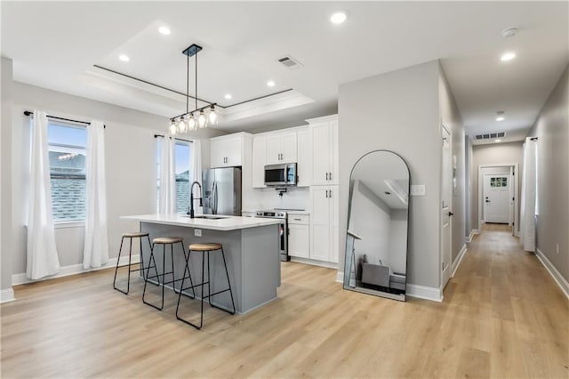 kitchen with a kitchen bar, stainless steel appliances, a kitchen island with sink, a tray ceiling, and white cabinetry