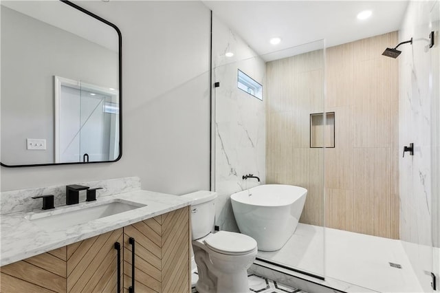 full bathroom featuring vanity, toilet, and plus walk in shower