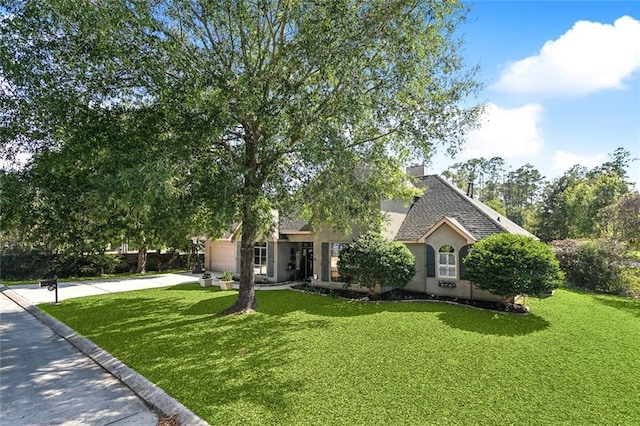 view of property hidden behind natural elements featuring a front yard