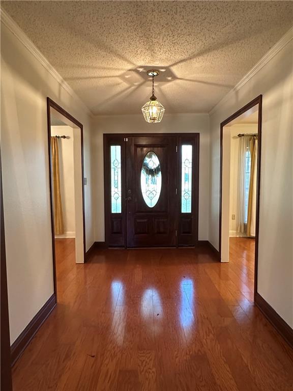 foyer with ornamental molding, dark hardwood / wood-style floors, and a textured ceiling