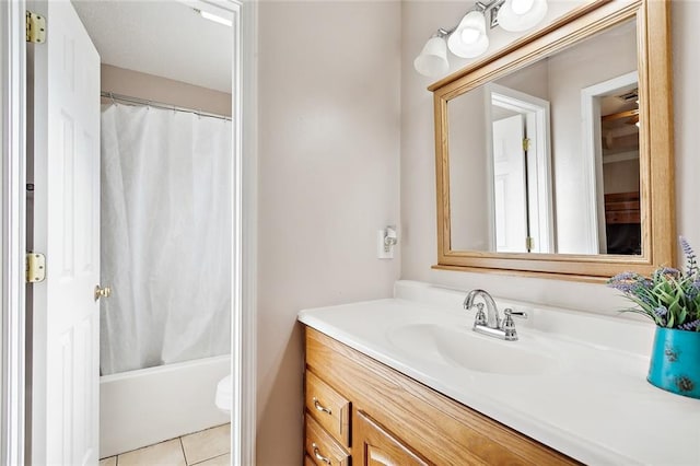 full bathroom with tile patterned flooring, vanity, toilet, and shower / bath combination with curtain