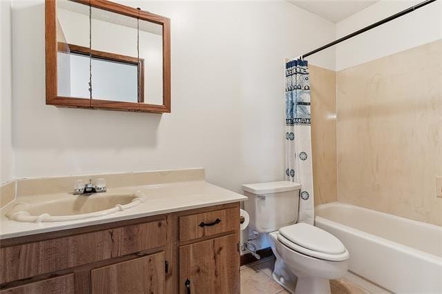 full bathroom with tile patterned flooring, vanity, toilet, and shower / tub combo with curtain