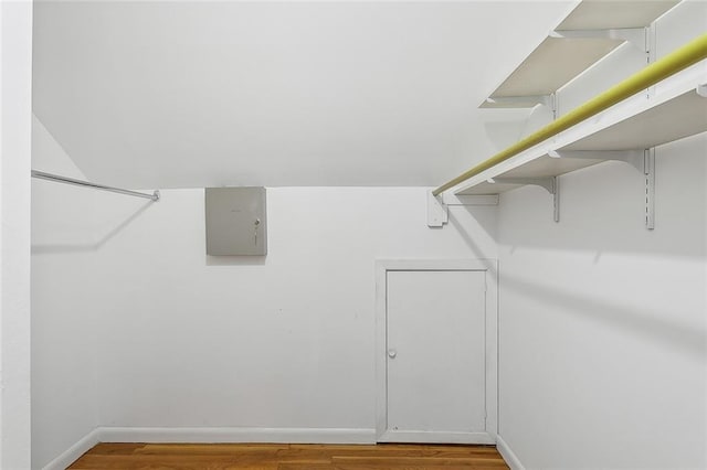 spacious closet with hardwood / wood-style floors and electric panel