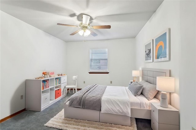 bedroom with ceiling fan and dark carpet