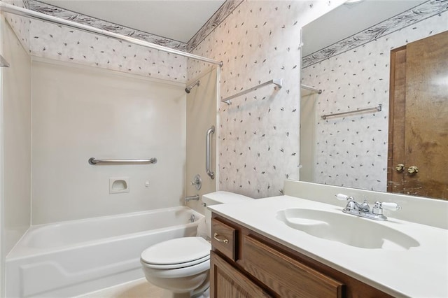 full bathroom featuring vanity, toilet, and  shower combination