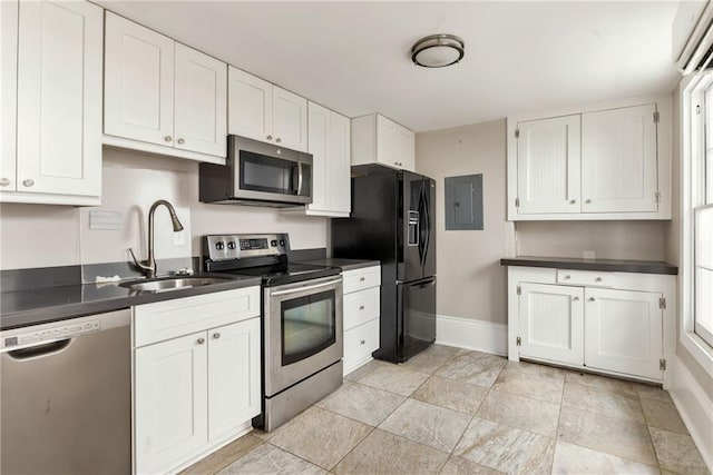kitchen with electric panel, dark countertops, white cabinets, stainless steel appliances, and a sink