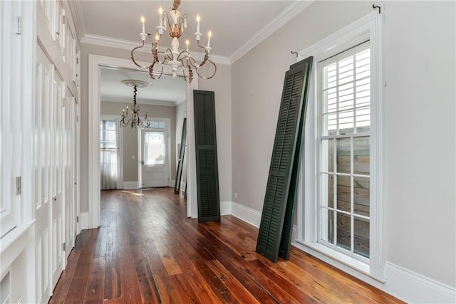 interior space with dark wood-type flooring, a chandelier, and crown molding